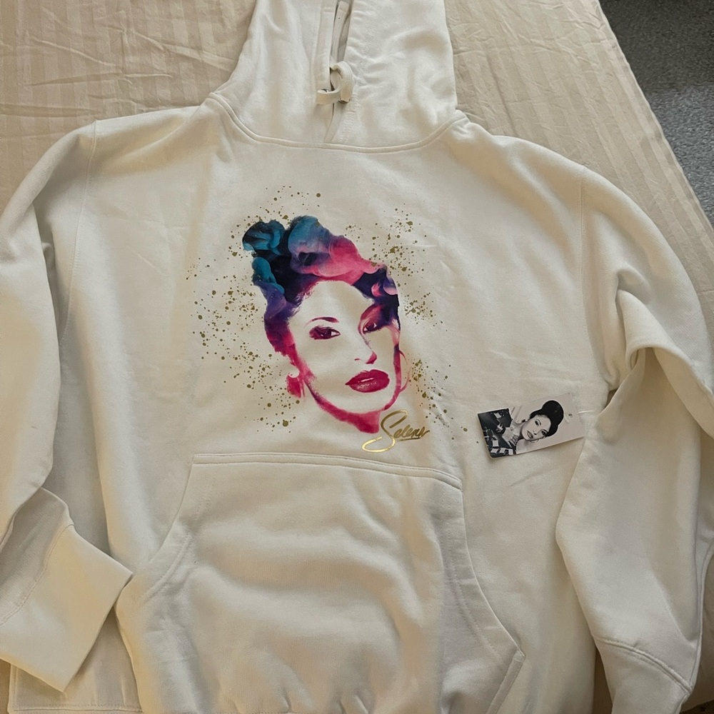 Selena White Graphic Hoodie with Multicolor Design